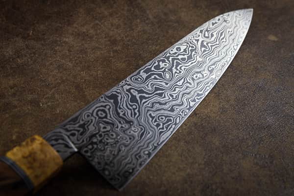Damascus steel kitchen knife made by bladesmiths at Tharwa Valley Forge